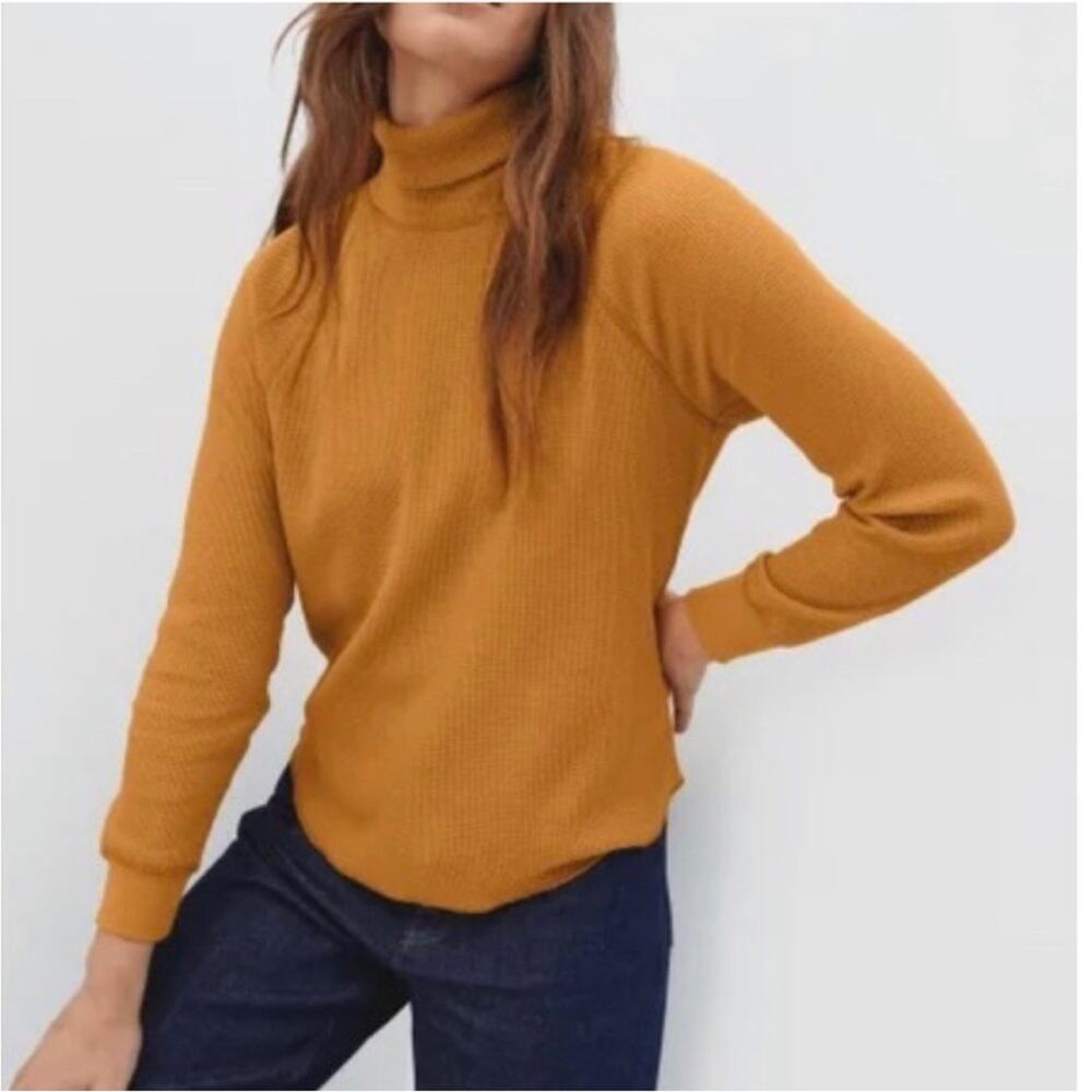 EVERLANE  Organic Cotton Turtleneck Waffle Knit Shirt Top Size XXS Marigold fall